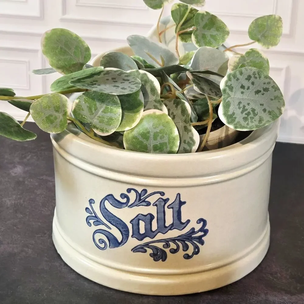 Pfaltzgraff Salt Crock Ceramic Wall Hanging Planter NO LID Blue Transfer Design